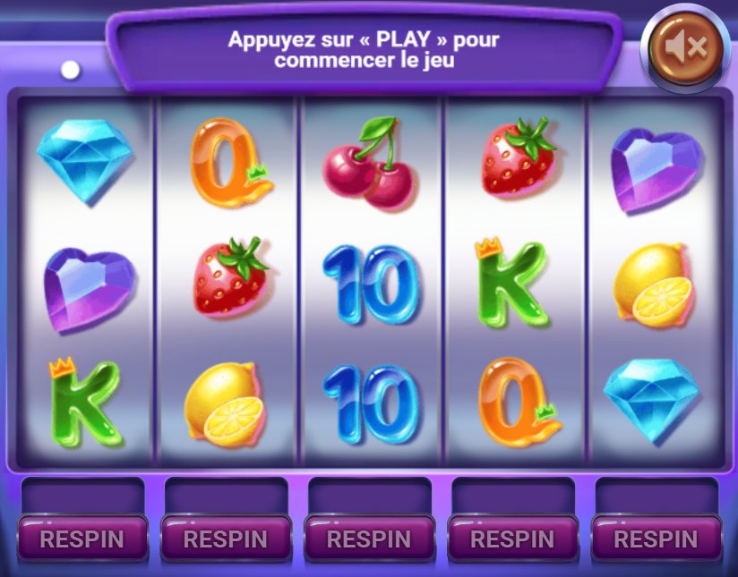Respin Slot : cinq rouleaux de fruits et de gemmes avec un bouton RESPIN sous chaque rouleau