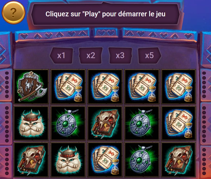 Vikings : multiplicateurs x1 à x5 au-dessus d'une grille de 5 rouleaux et 3 rangées
