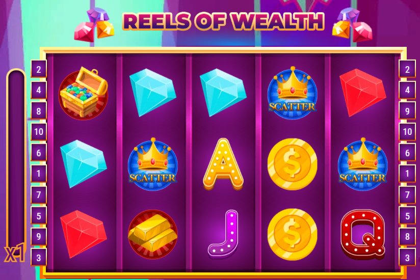 Reels of Wealth: five reels and three rows before the first spin, with crystals, coins, SCATTER symbols and letters, payline numbers on both sides