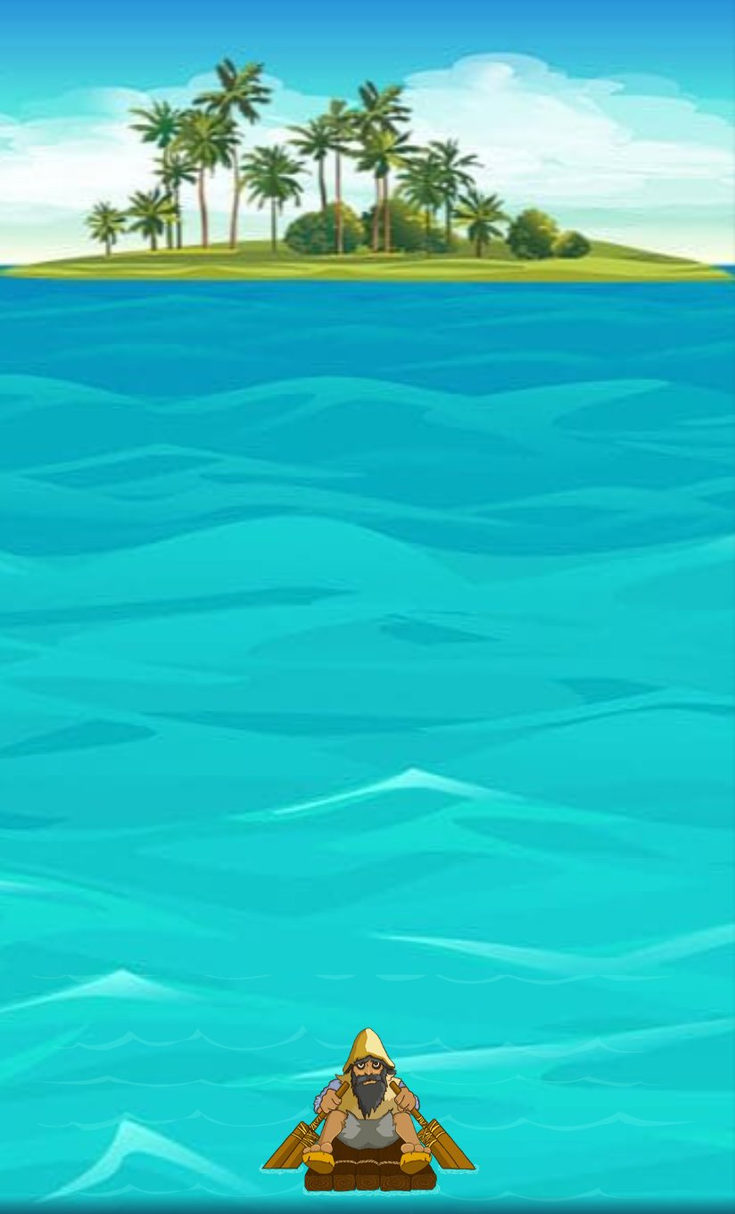 Island: روبنسون على طوفه أمام جزيرة مليئة بالنخيل وسط البحر