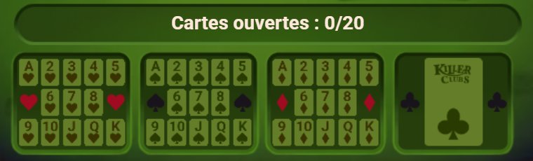 Killer Clubs : cartes de cœur, de pique et de carreau rangées par enseigne, et case du trèfle à part