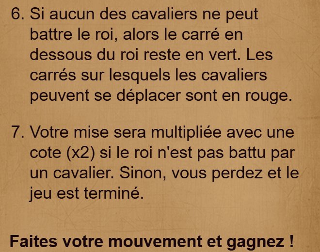 King's Move : extrait des règles sur les cavaliers, les cases rouges et la cote x2