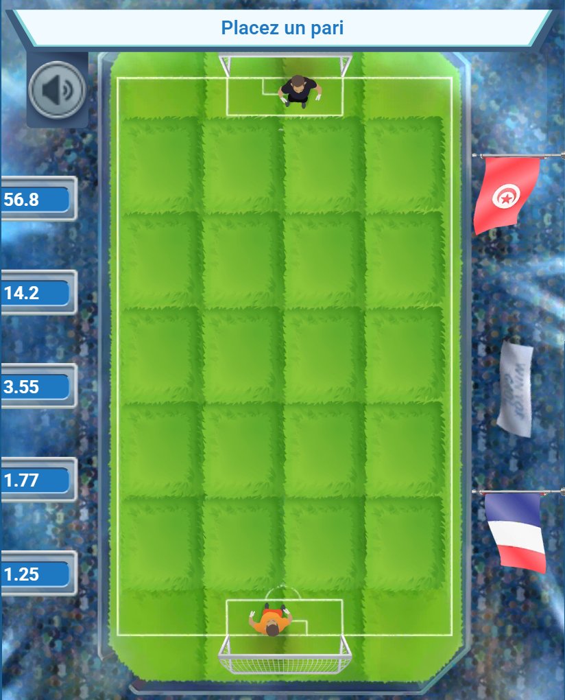 Mundial: a 5 by 4 grid pitch between two goalkeepers, with the odds ladder on the left