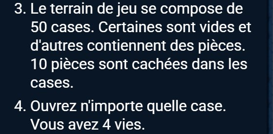 Nerves of Steel : extrait des règles, 50 cases dont 10 cachent des pièces, et 4 vies