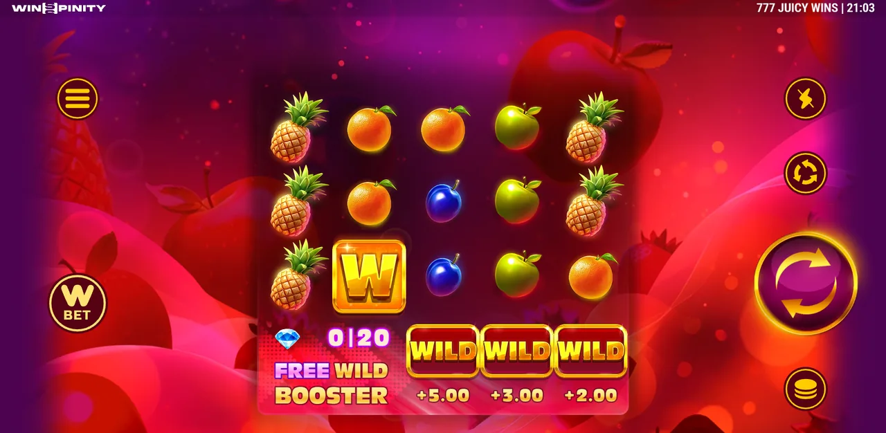 777 Juicy Wins - grille en cours de partie