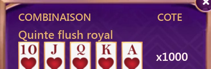 Poker Light: جدول التوليفات، الرويال فلاش من القلوب بمضاعف x1000