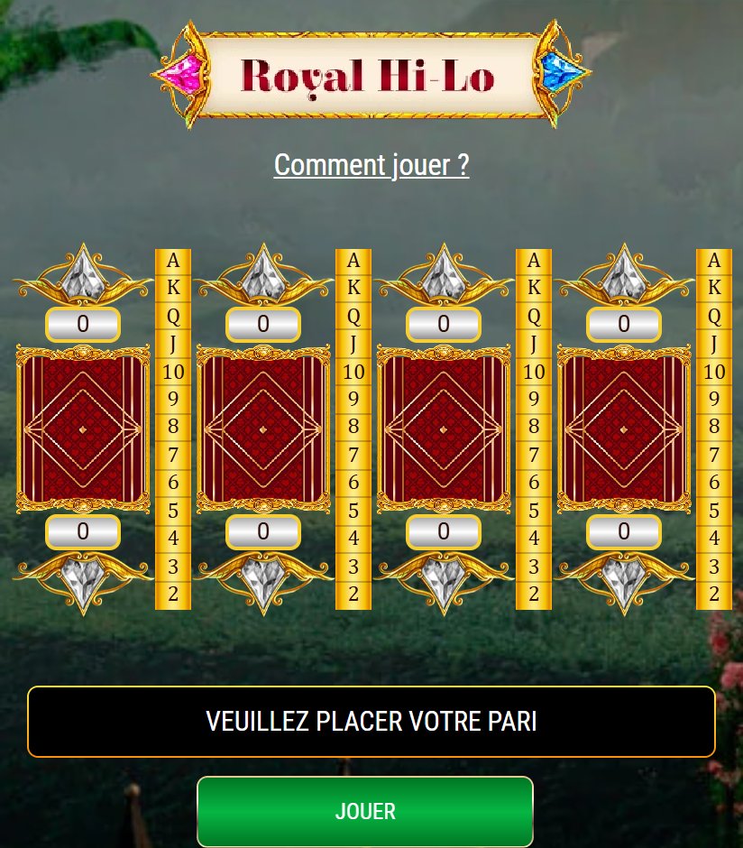 Royal Hi-Lo: four face-down cards with their value ladders, before the bet
