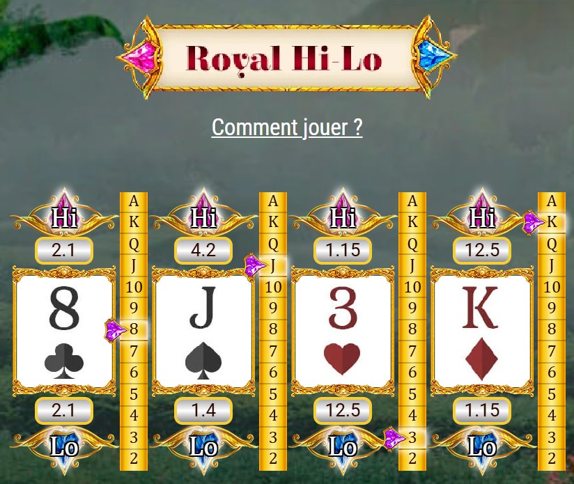 Royal Hi-Lo: after a Hi pick, a new card replaces the old one and the odds are recalculated