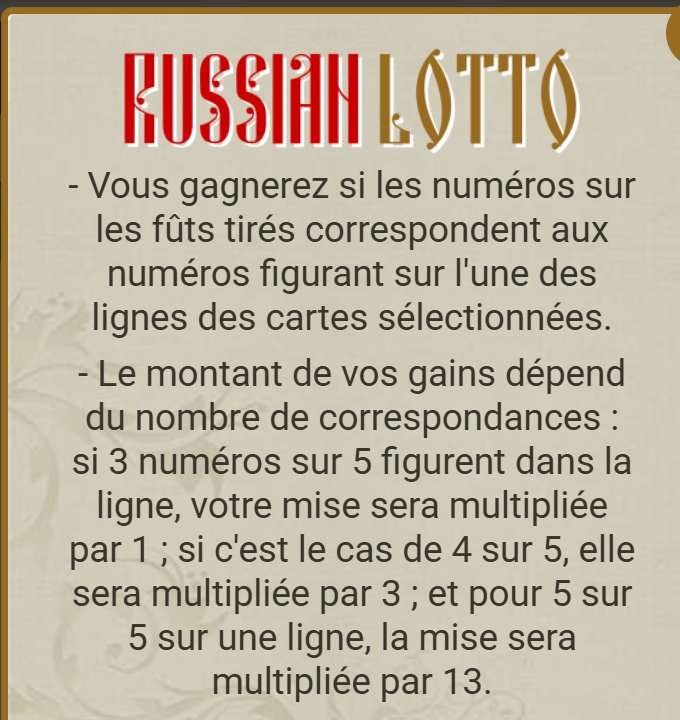 Russian Lotto: line winnings rule, the stake multiplied by 1, 3 or 13 for 3, 4 or 5 numbers