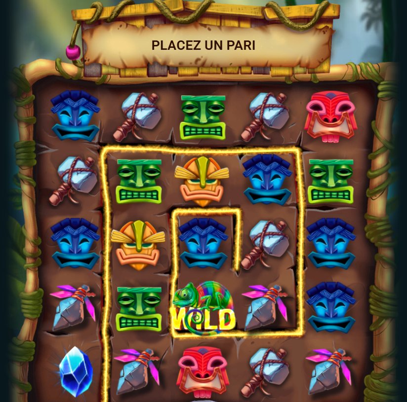 Swirly Spin : grille de 25 cases en spirale avec masques tiki, symbole Wild au centre et cristal bleu en bas à gauche