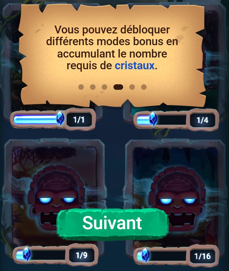 Swirly Spin : quatre modes bonus débloqués par les cristaux, compteurs 1, 4, 9 et 16