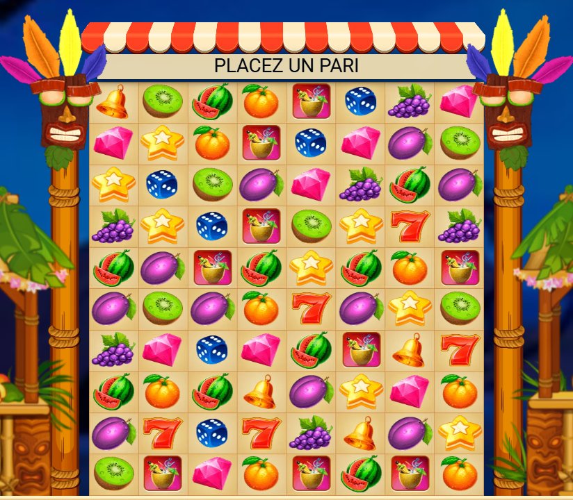 Wild Fruits: 80-cell board full of fruit, sevens, bells and dice under the awning, before the spin