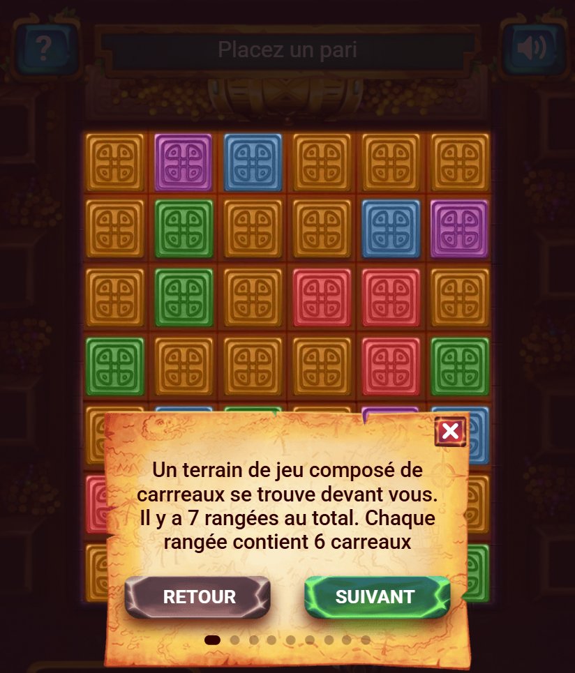 Treasure Tomb : terrain de carreaux colorés, la consigne explique les 7 rangées de 6 carreaux