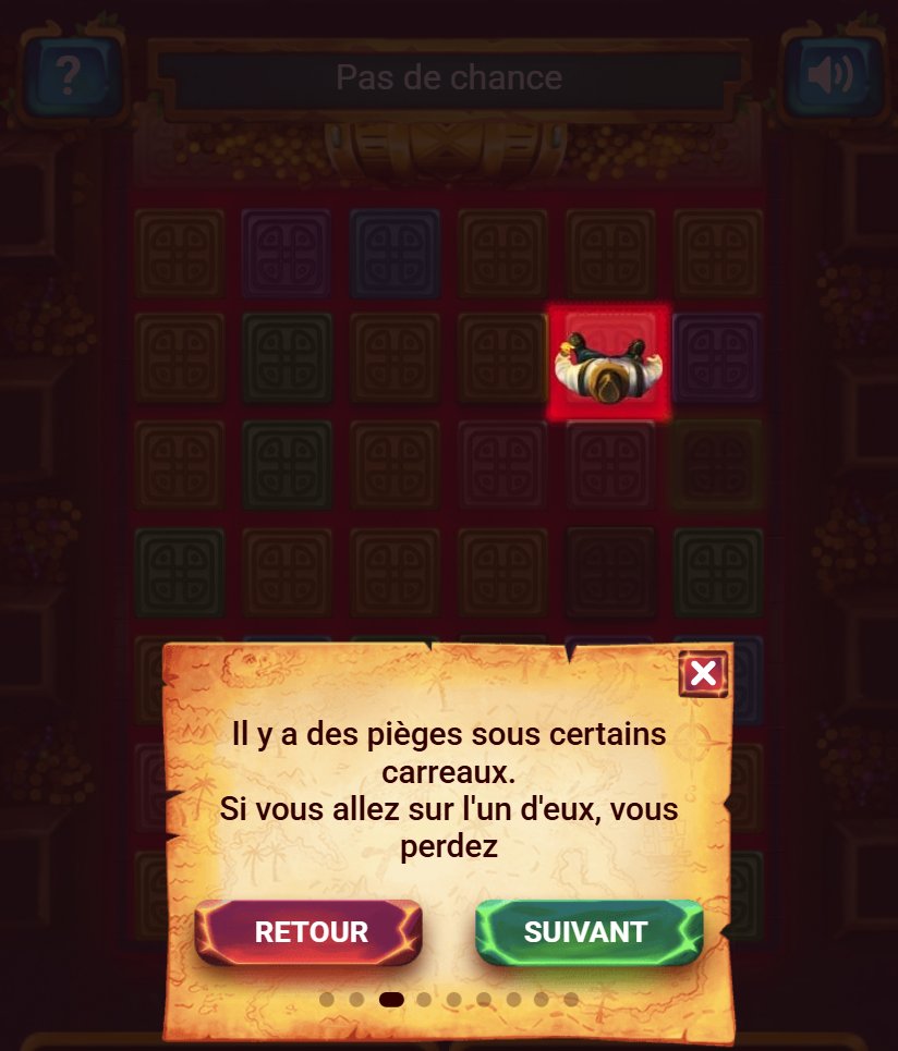Treasure Tomb : carreau rouge avec un piège, la consigne prévient que la partie s'arrête sur un piège