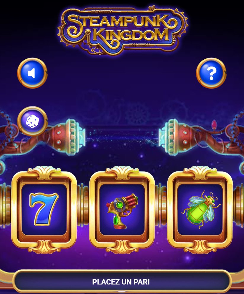 Steampunk Kingdom: three golden reels showing a seven, a pistol and a beetle, before the bet