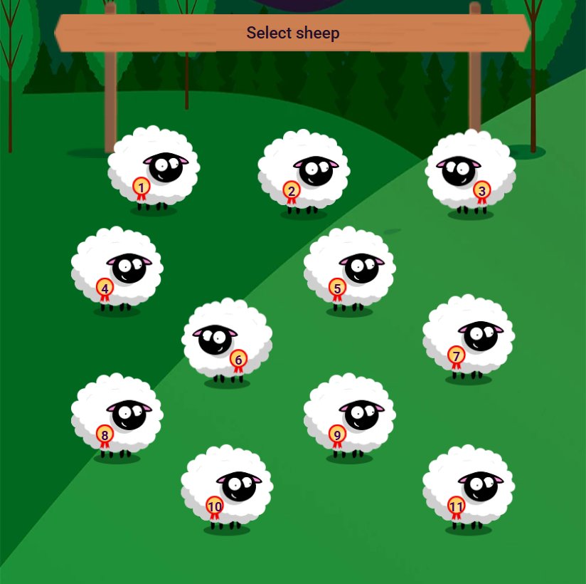 UFO Sheep Defender: eleven numbered sheep in the meadow at night, under the selection sign