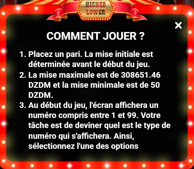 Fair Higher vs Lower : fenêtre Comment jouer, numéro de 1 à 99 et choix de l'option