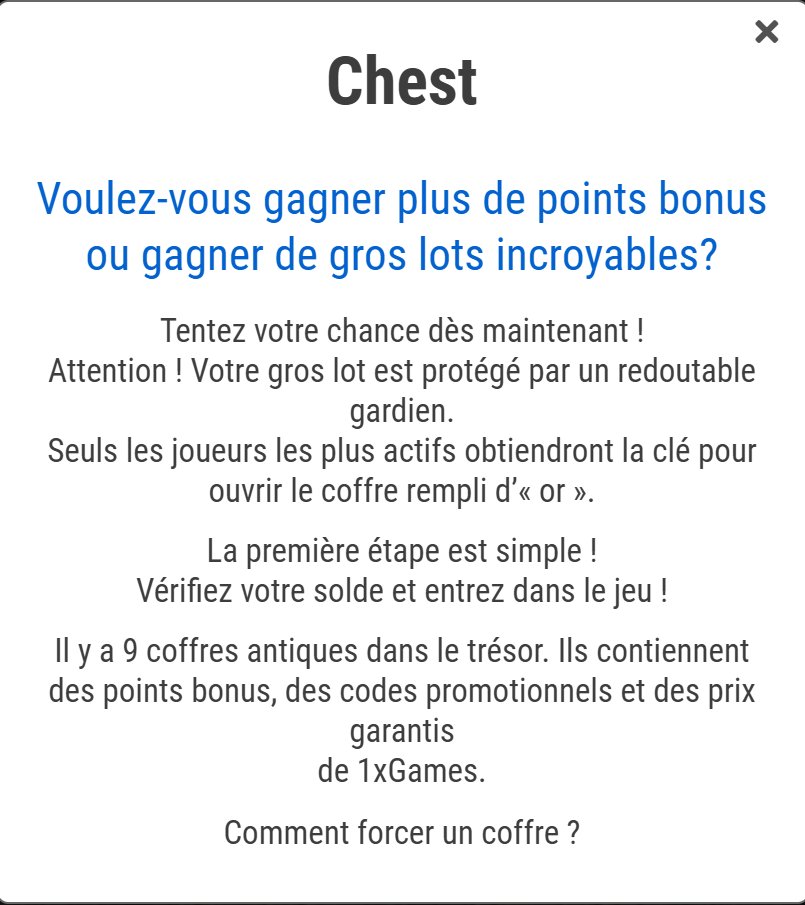 Chest : fenêtre des règles avec le gardien, les neuf coffres et leur contenu