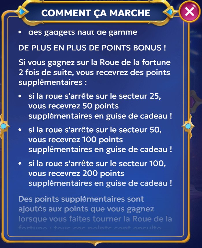 Wheel of Fortune : points supplémentaires après deux gains de suite, secteurs 25, 50 et 100
