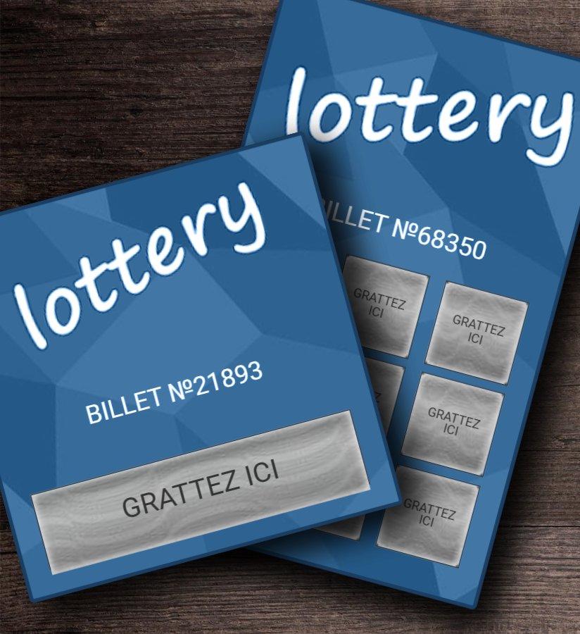 Lottery: two blue tickets on the wooden table, one wide field and nine Scratch here fields