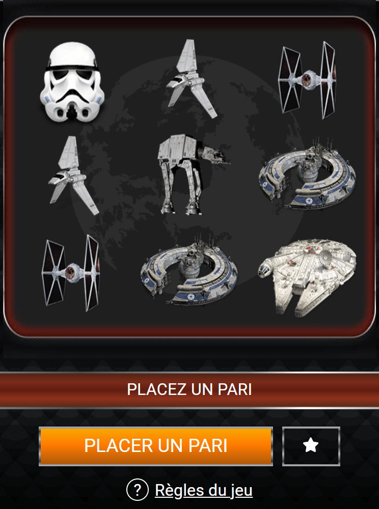 Star Wars : grille de neuf cases avec casque, navette, chasseur et marcheur, bouton Placer un pari