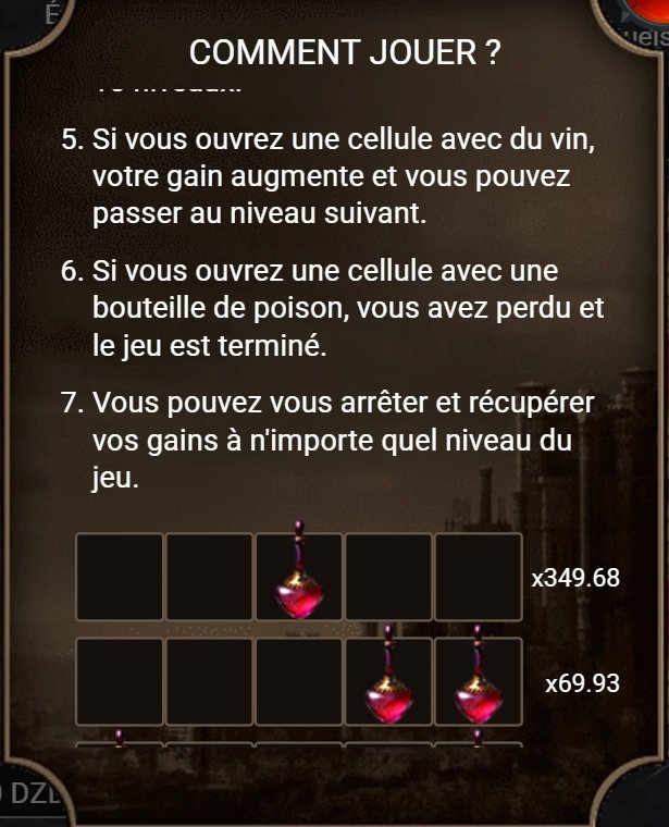 Witch : fenêtre Comment jouer, vin ou poison, arrêt à tout niveau et cotes x349,68 et x69,93