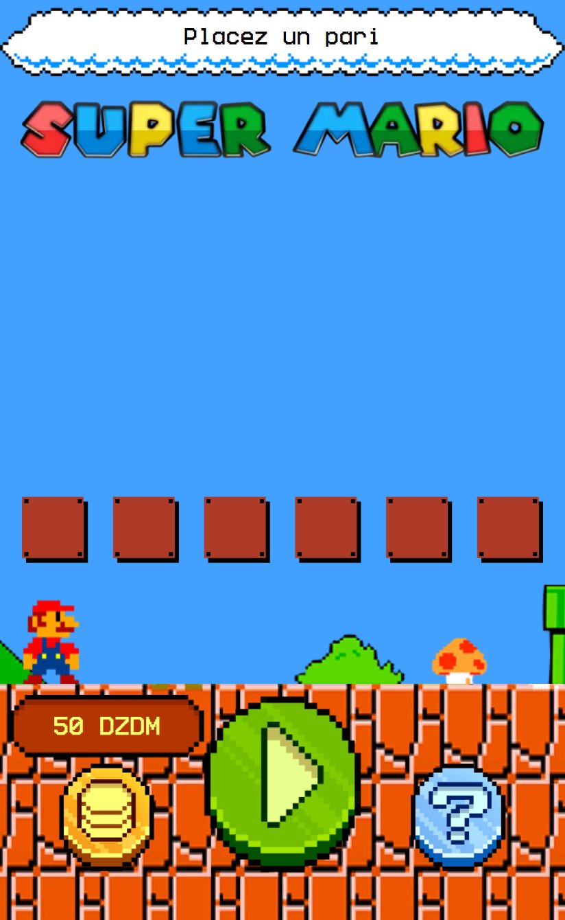 Super Mario : six blocs de briques, le personnage, un champignon et les boutons pièces, lecture et point d'interrogation