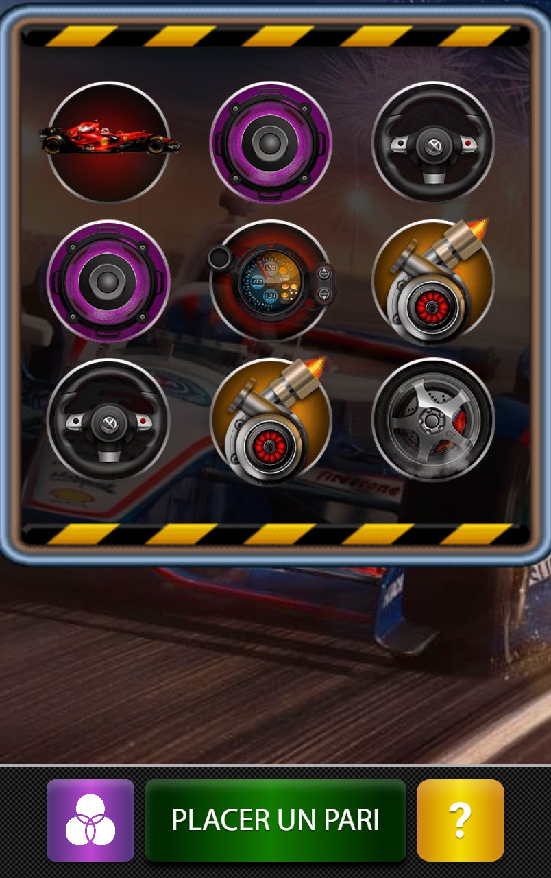 Formula 1: nine round cells of car parts in a striped frame, green Place a bet button