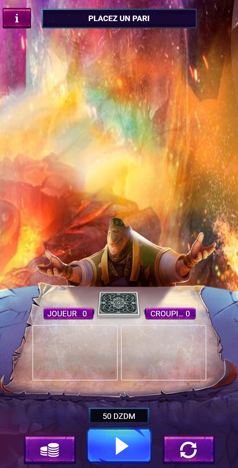 21 Dota: sorcerer before the flames, parchment table, Player and Dealer fields and bet buttons