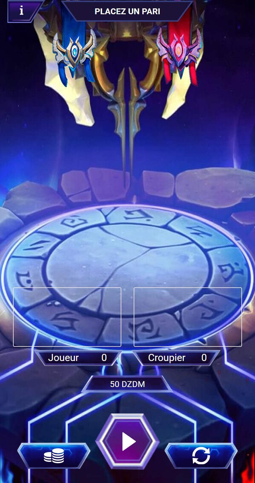 21 HOTS: runic stone disc under two banners, Player and Dealer fields and hexagonal buttons
