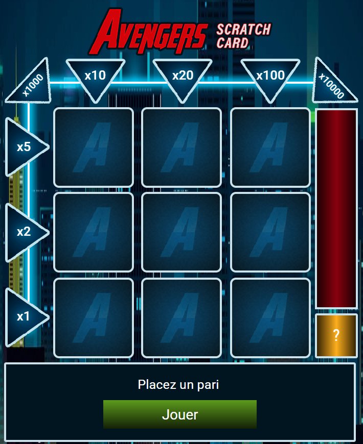 Avengers Scratch Card: grid of nine blue cards, coefficient arrows from x1 to x10000 and the Play button
