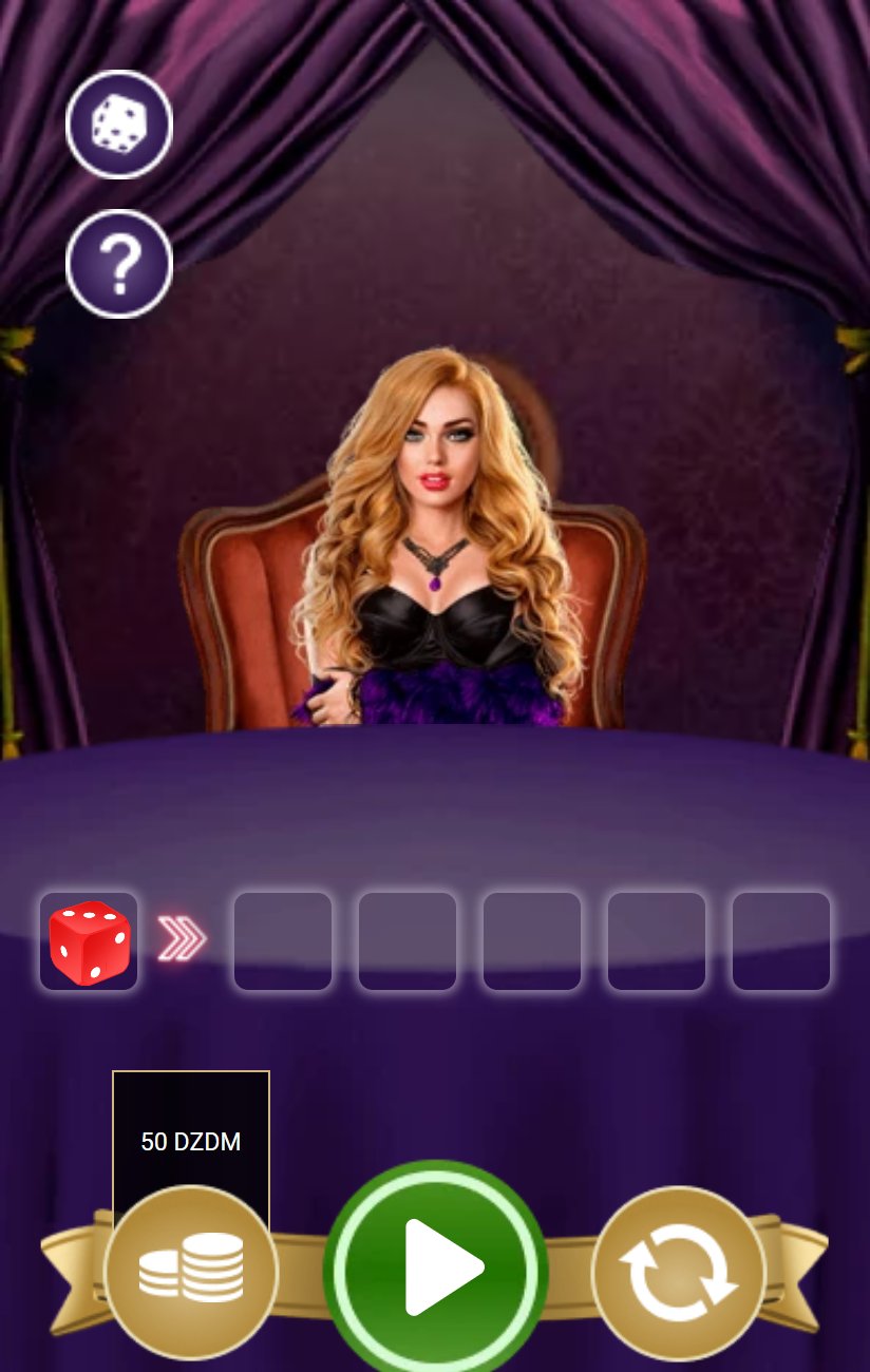 Yahtzee: purple curtains, hostess on a red chair, row of dice slots and golden buttons