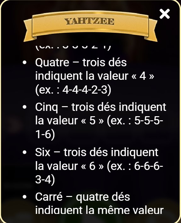 Yahtzee: winning combinations window, Fours, Fives, Sixes and four of a kind with examples
