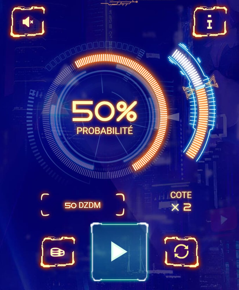 Cyber2077: neon wheel with a 50% orange arc, odds controller and Odds x2 field
