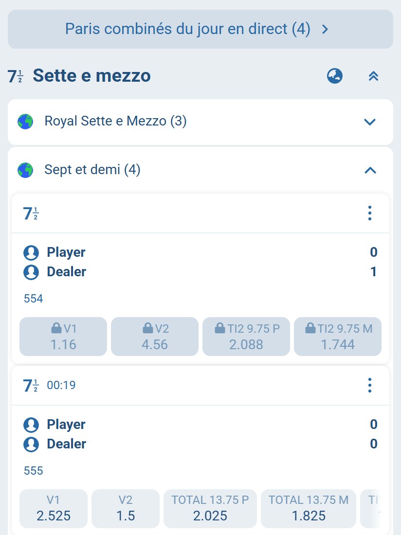 Sette e mezzo 2026 - numbered live hands with W1 and W2 prices