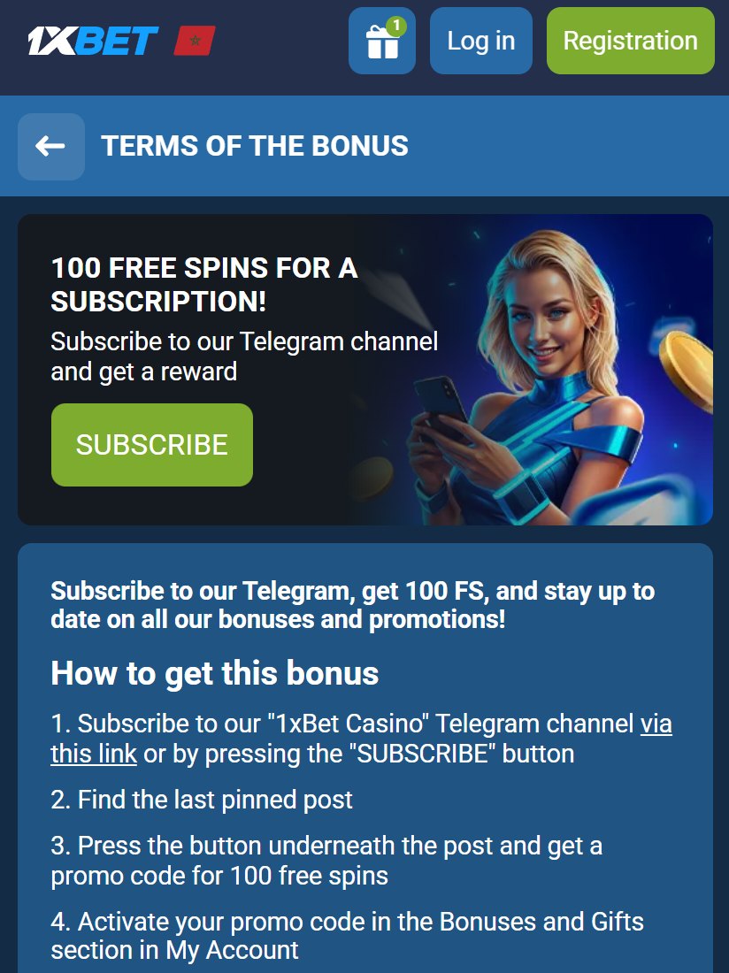 100 free spins for subscribing to the 1xBet Casino Telegram channel: how to get the promo code