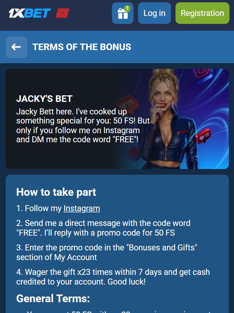 Jacky's bet offer card with the steps to get 50 free spins