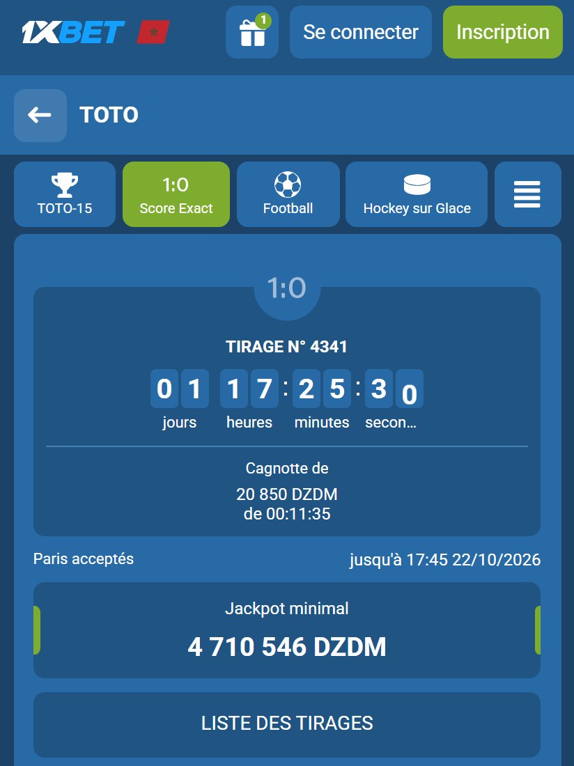 Page du TOTO Score exact avec le tirage en cours et le compte à rebours