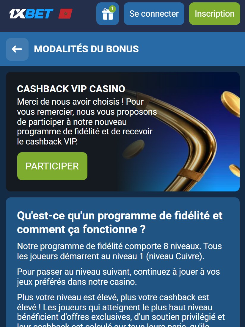 Carte de l'offre Cashback VIP Casino et niveaux de fidélité