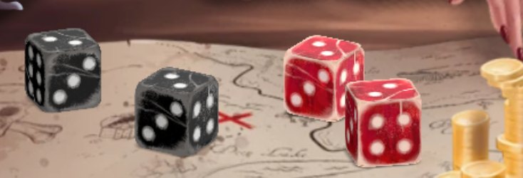 Red and black dice on the treasure map