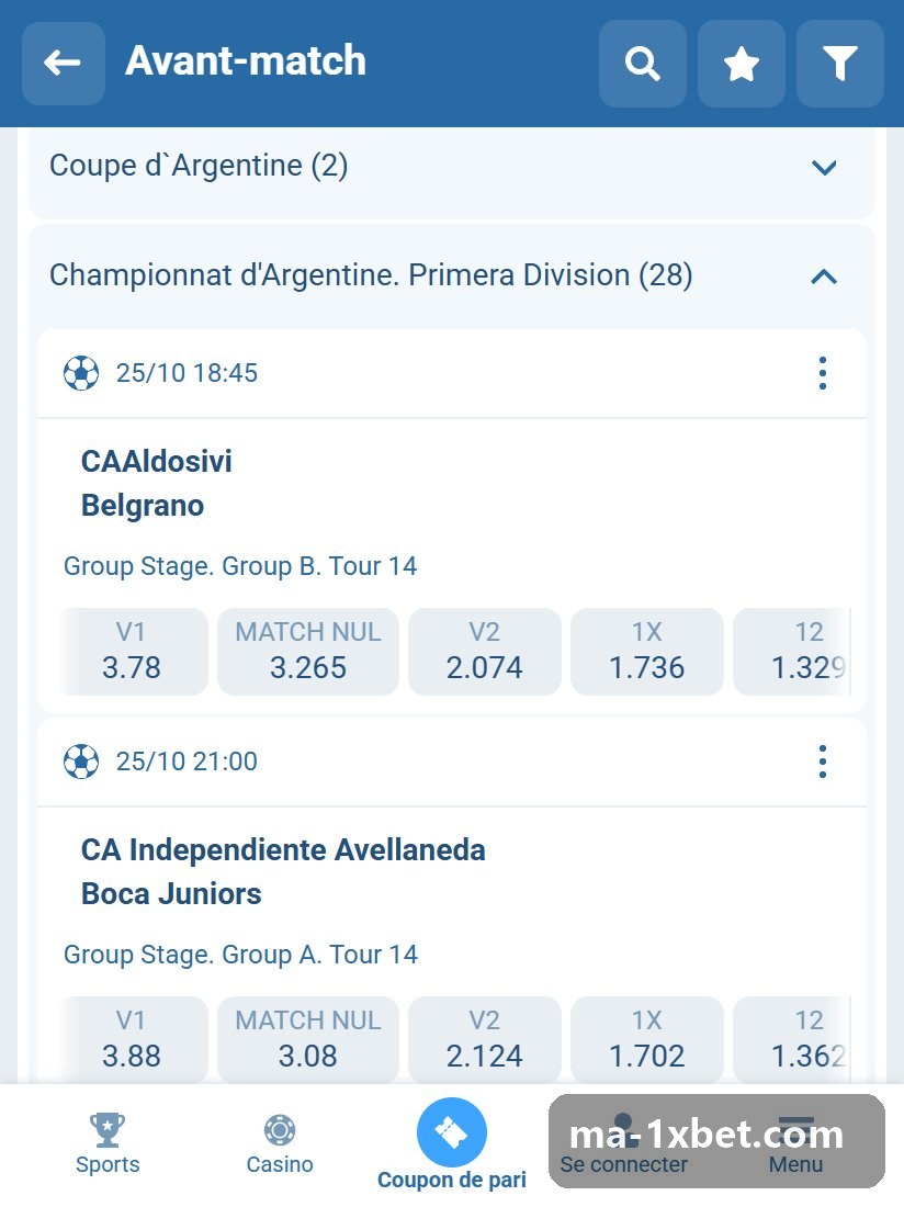 Championnat d'Argentine. Primera Division : matchs du championnat argentin dans la ligne