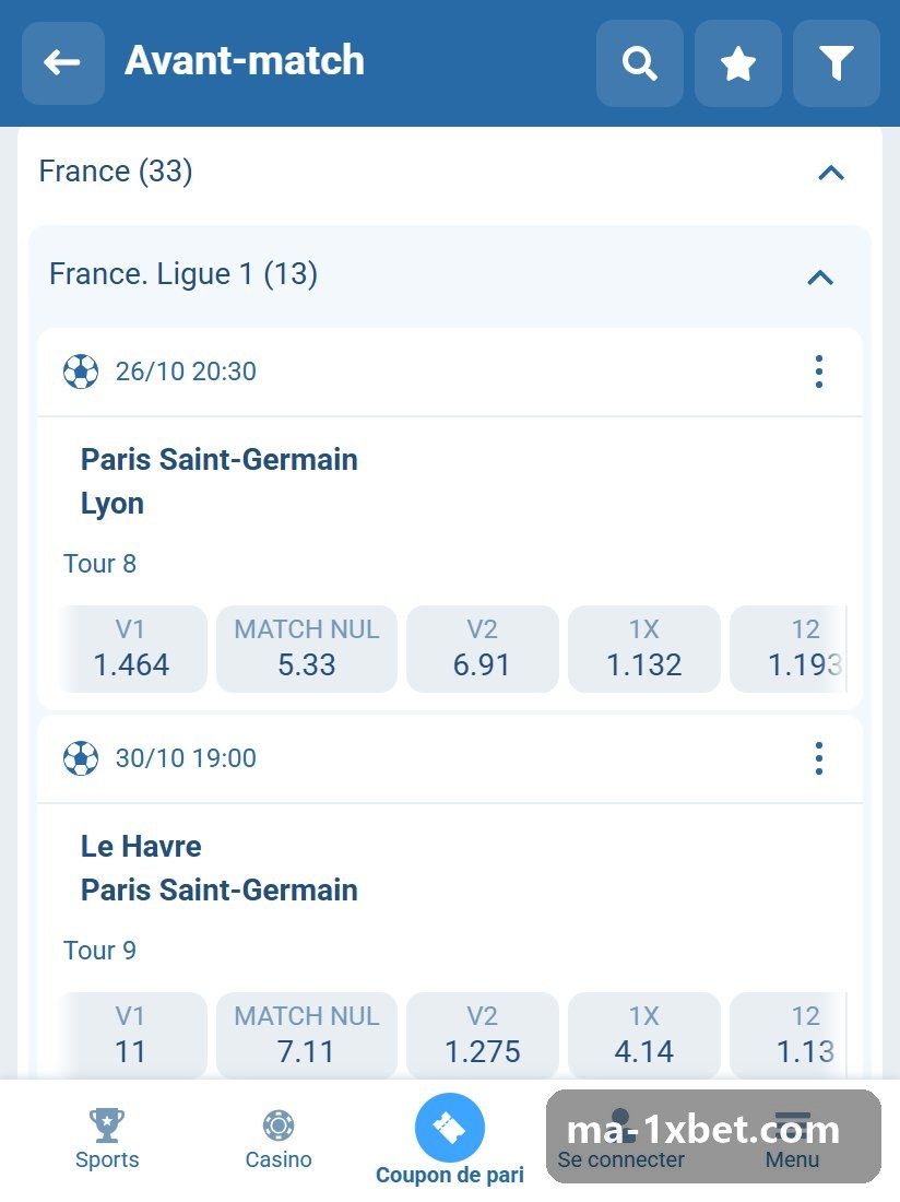 France. Ligue 1: French league fixtures in the pre-match line