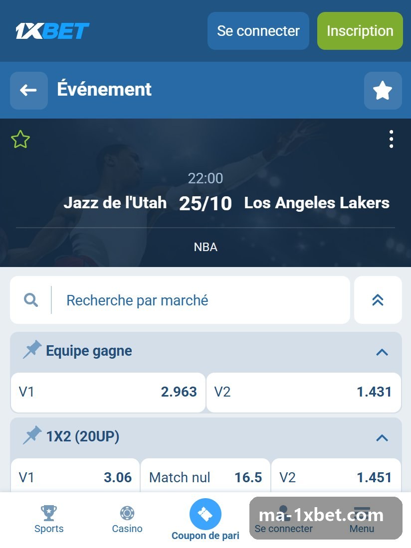 NBA : fiche d'un match avec vainqueur, 1X2 et total de points