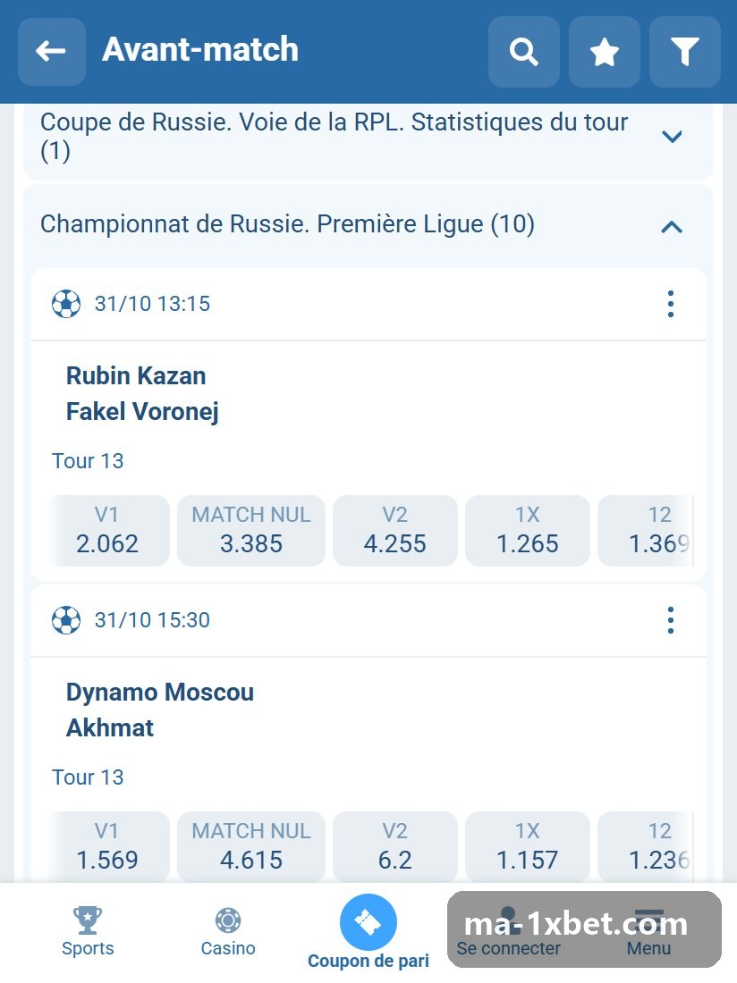 Championnat de Russie. Première Ligue : matchs de la Premier League russe et leurs cotes