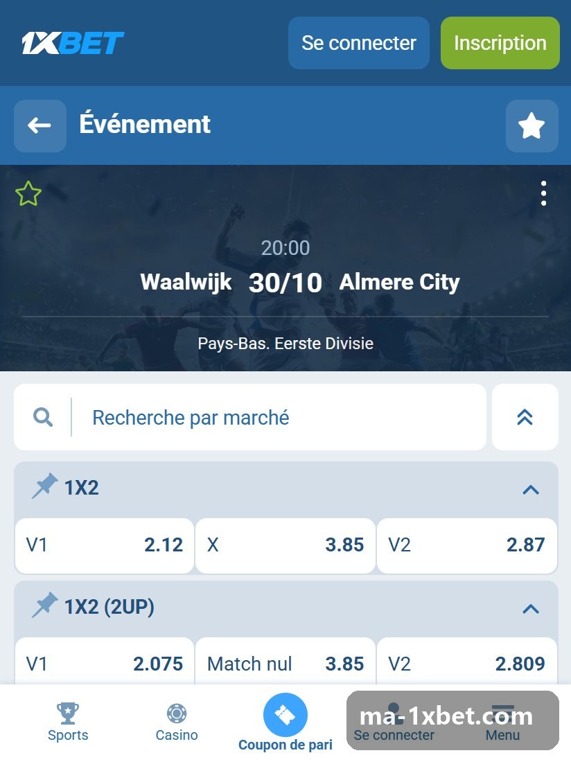 Pays-Bas. Eerste Divisie : page d'un match avec le 1X2