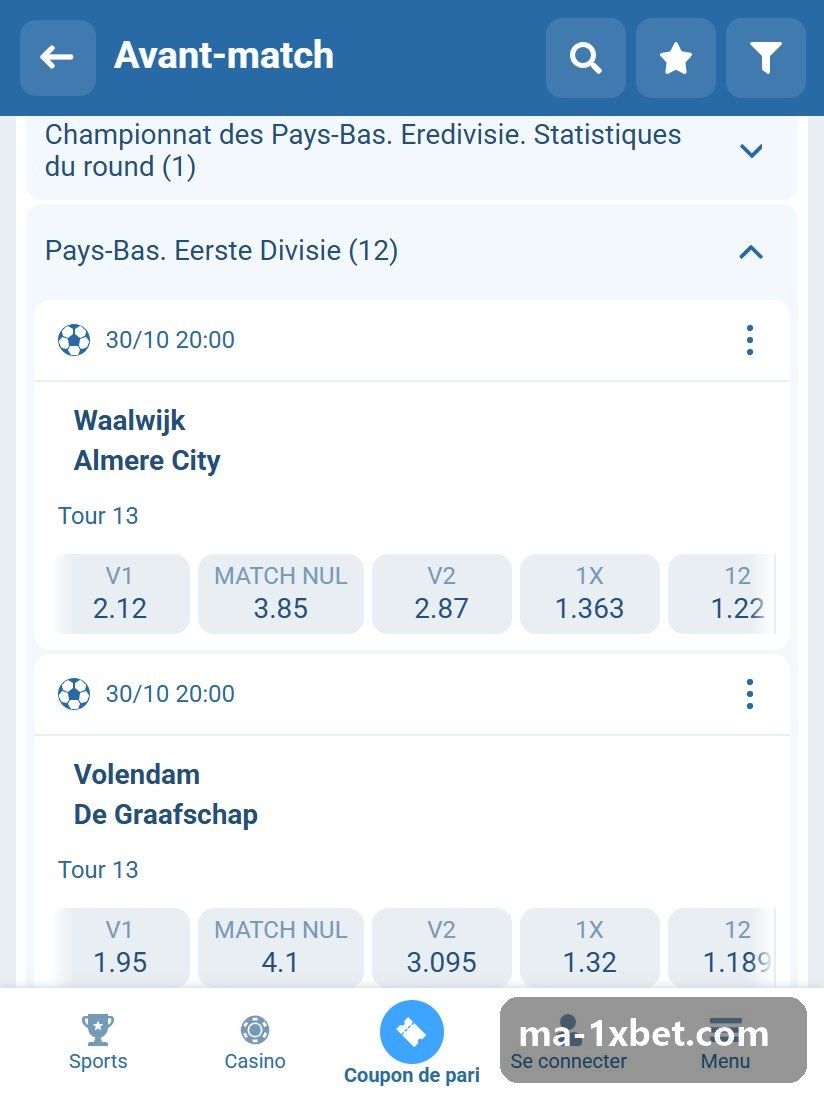 Pays-Bas. Eerste Divisie : rencontres listées avant le coup d'envoi