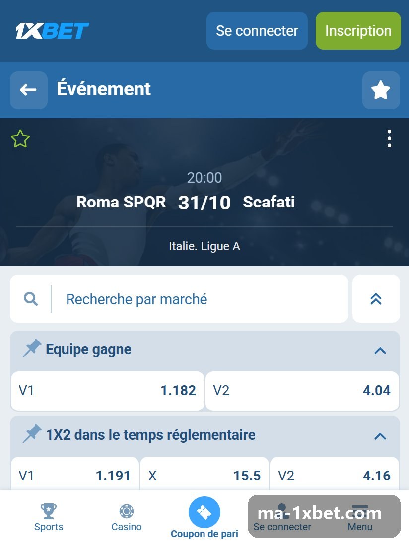 Italie. Ligue A : page d'un match avec Equipe gagne