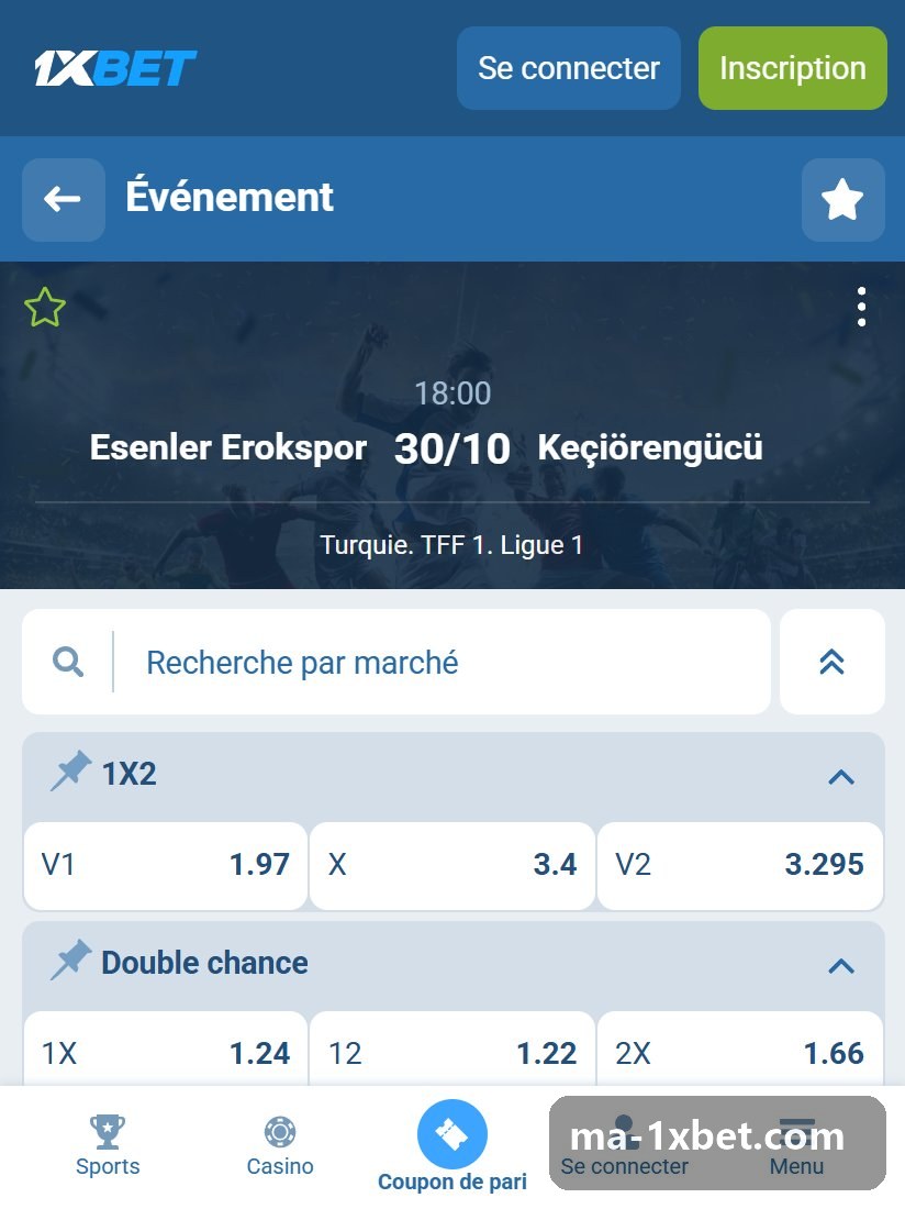 Turquie. TFF 1. Ligue 1 : page d'un match et ses blocs de cotes