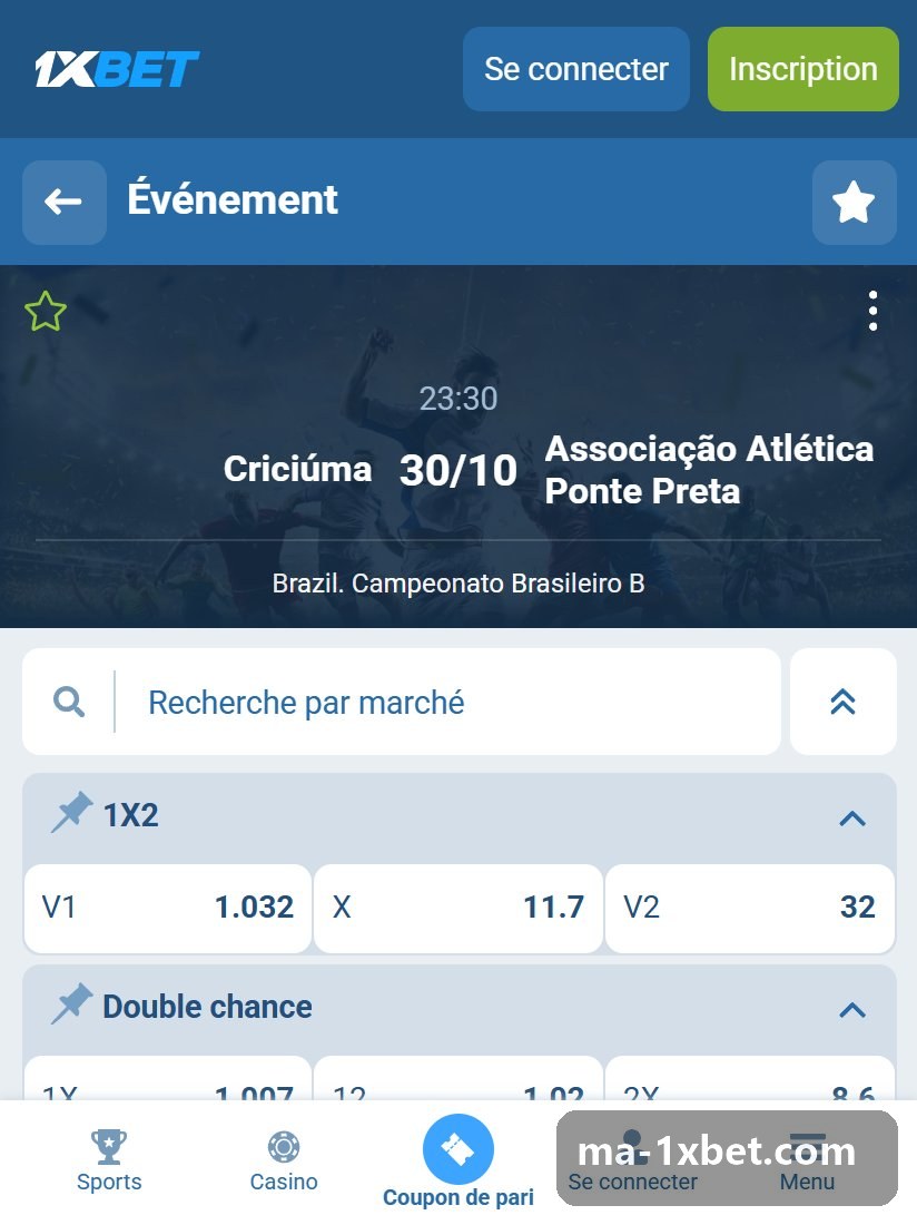 Brazil. Campeonato Brasileiro B : page d'un match avec le 1X2