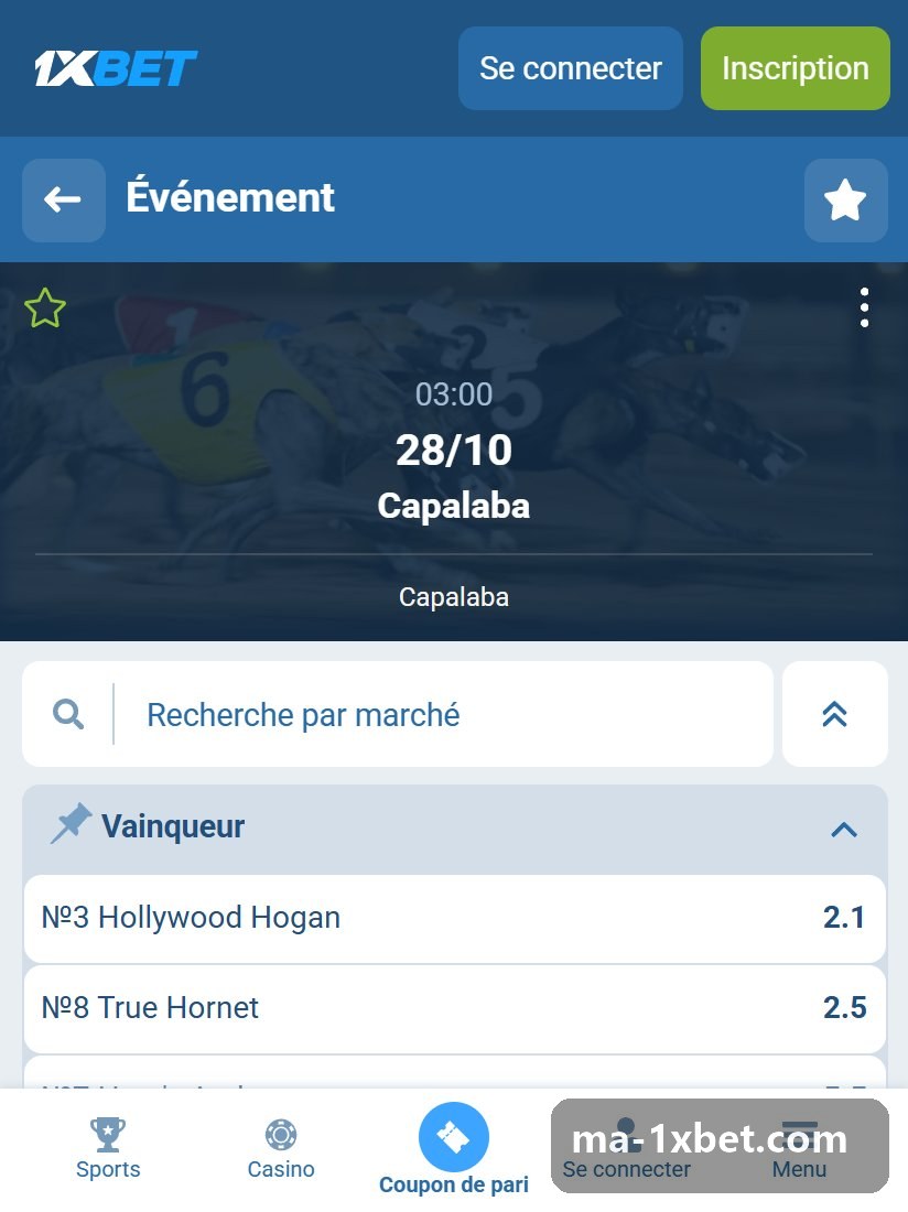 The Gardens : en-tête de la course avec heure et date, champ de recherche et marché Vainqueur